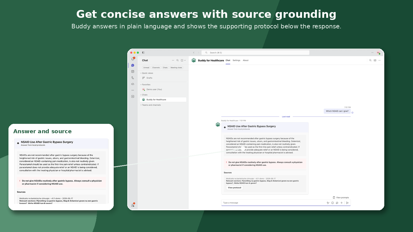 Example of a source-grounded protocol answer from Buddy in Microsoft Teams