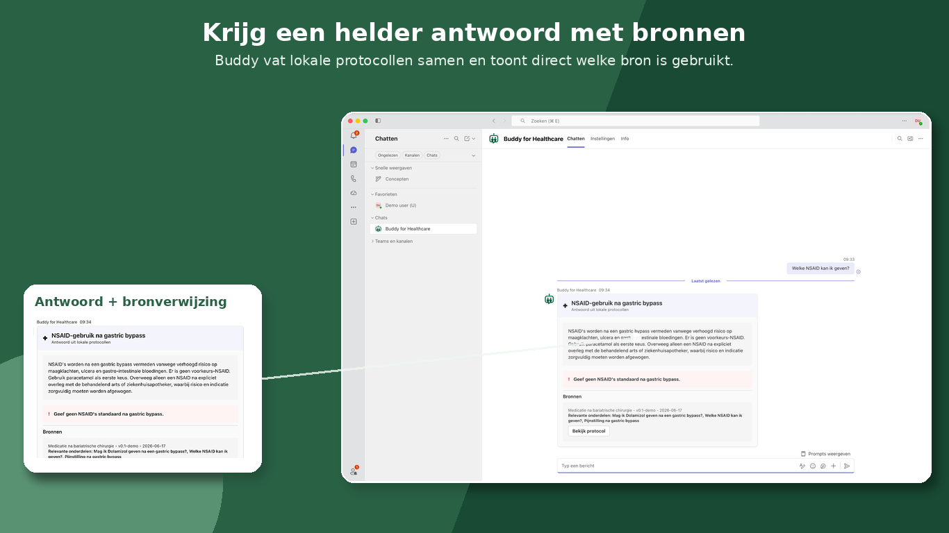 Voorbeeld van een brongebonden protocolantwoord van Buddy in Microsoft Teams